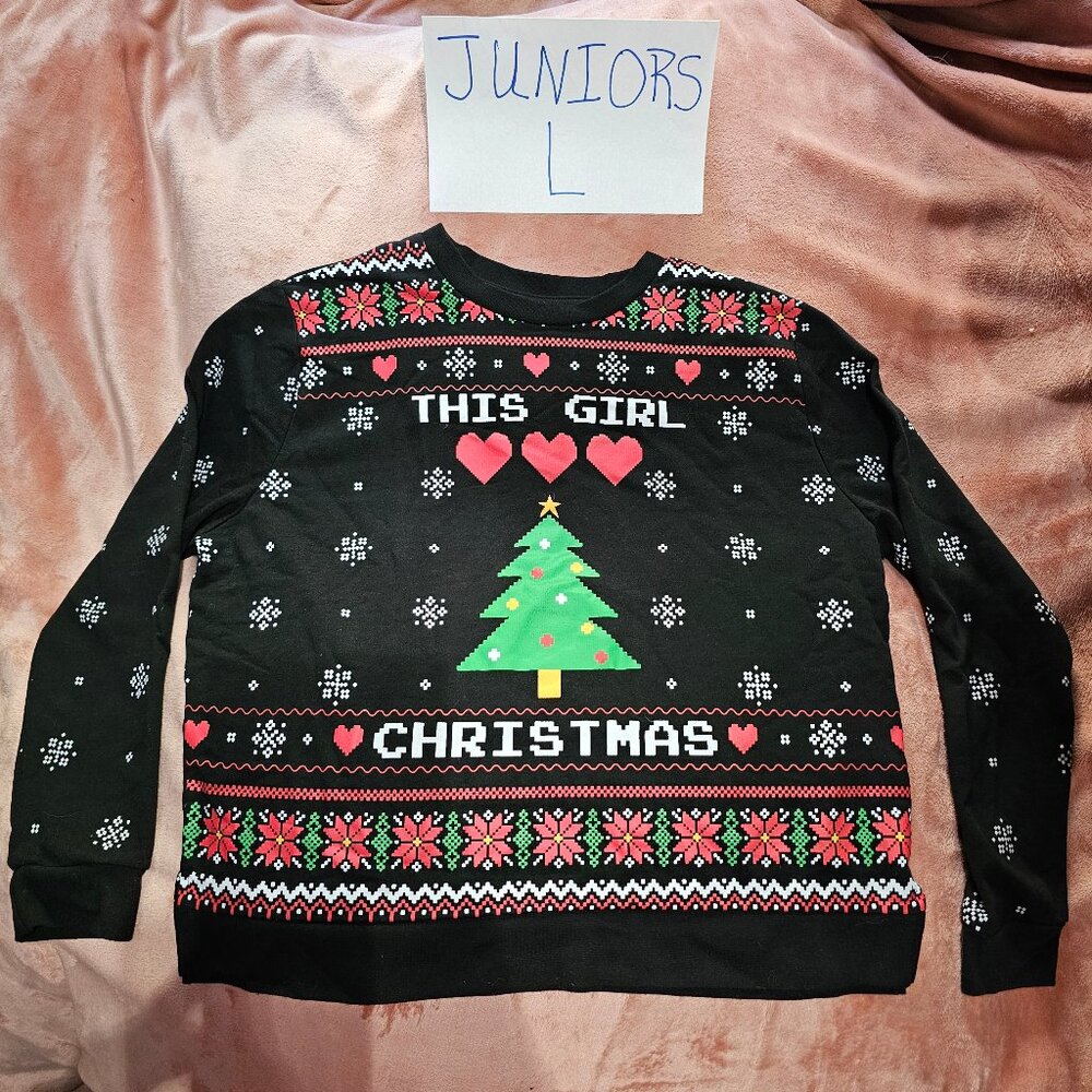 Juniors L This Girl Hearts Loves Christmas Loves Faux Needlepoint Sweatshirt